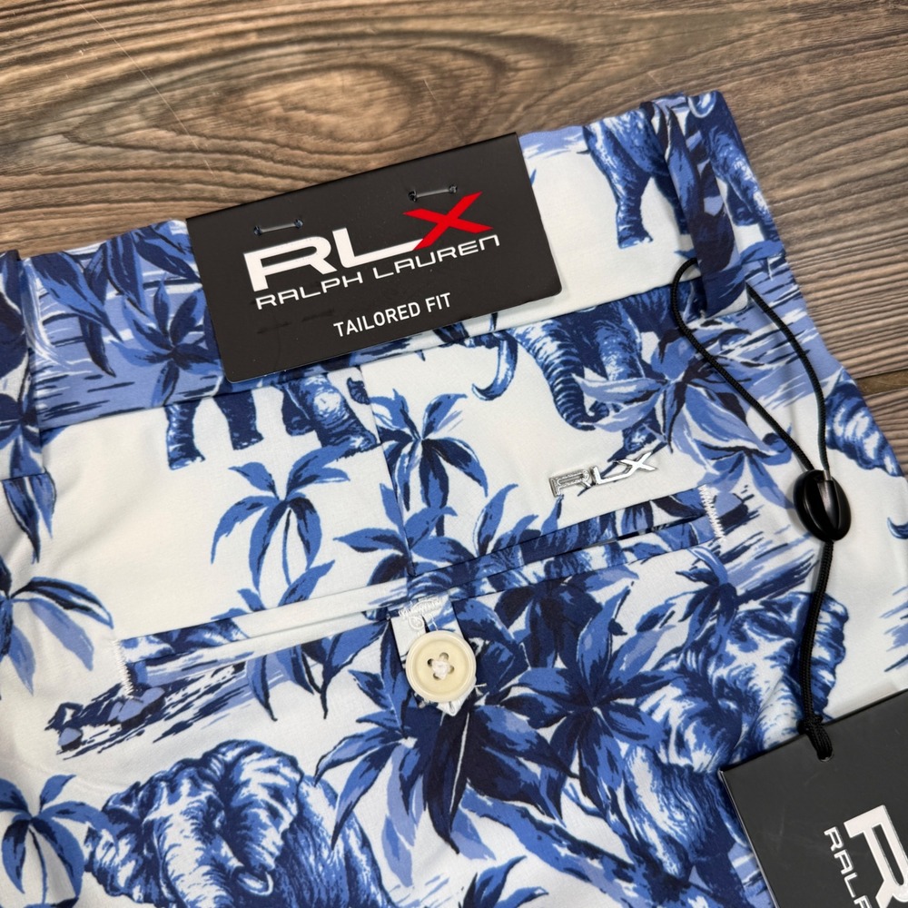 RLX Ralph Lauren Mens Golf Shorts Size 32 Tailored Blue White Elephant Print New - Picture 7 of 8
